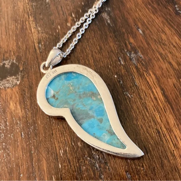 Genuine Turquoise Feather Hand Carved Gemstone Pendant Necklace Sterling Silver - Picture 6 of 10